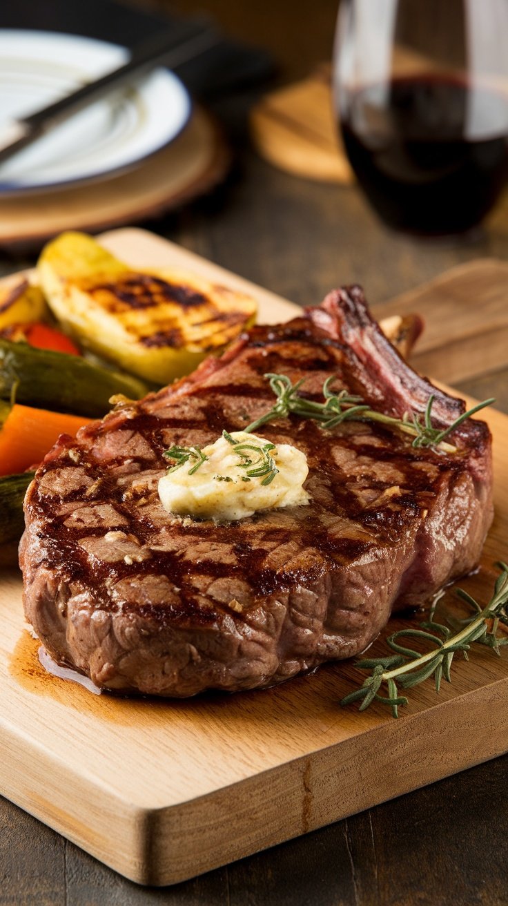 Juicy Grilled Ribeye Steak with Garlic Butter Grilled ribeye steak with garlic butter, garnished with herbs, on a cutting board with roasted vegetables and a glass of red wine.