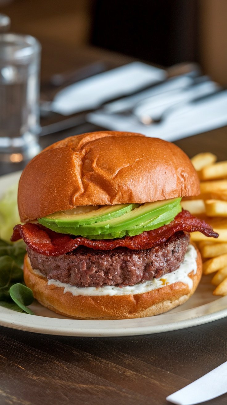 A bison burger topped with avocado and bacon, served with fries on the side.