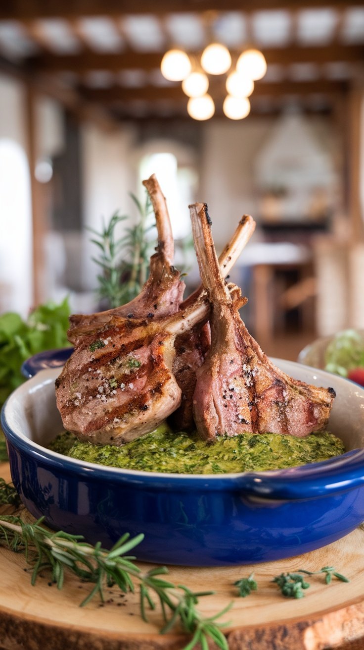 Grilled lamb chops on a bed of mint chimichurri with fresh herbs in a cozy setting.