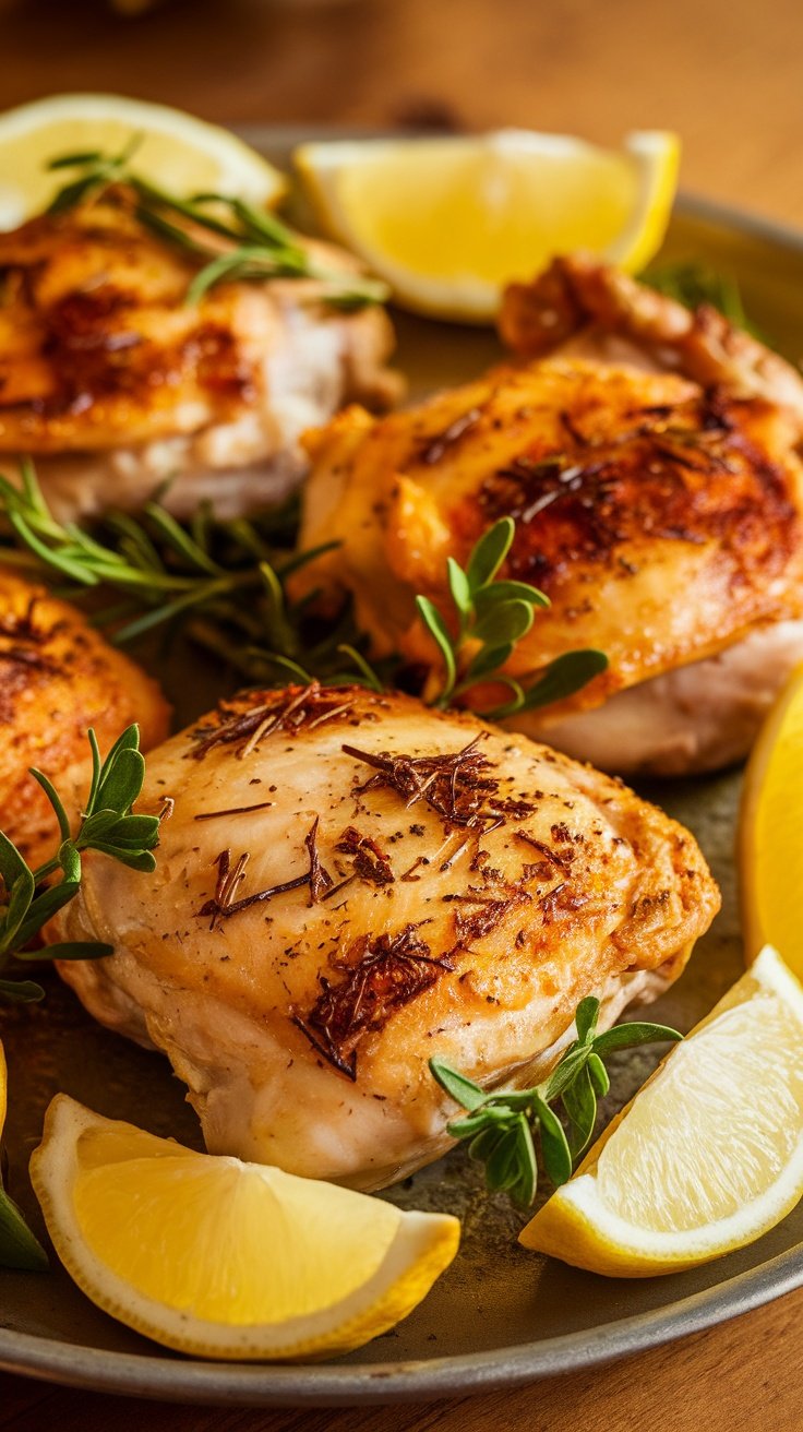 A plate of roasted chicken thighs with herbs and lemon wedges