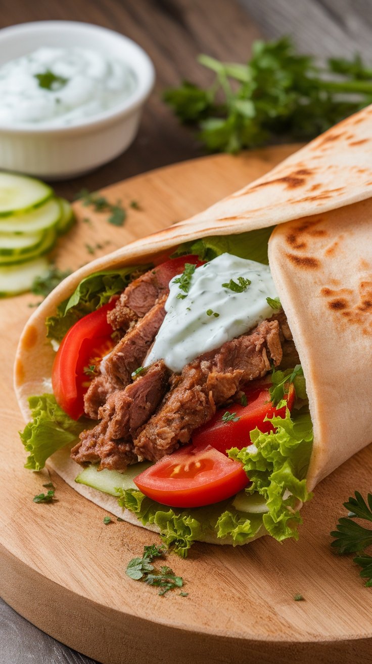 Greek lamb pita wrap filled with spiced lamb, cucumber, lettuce, and tzatziki sauce on a wooden board.