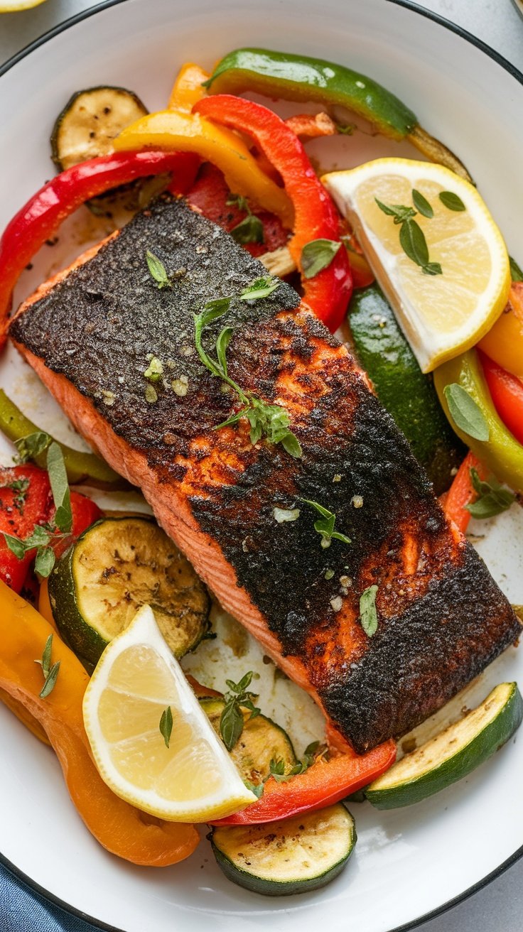 Crispy blackened salmon fillet with lemon wedges and sautéed vegetables on a plate.