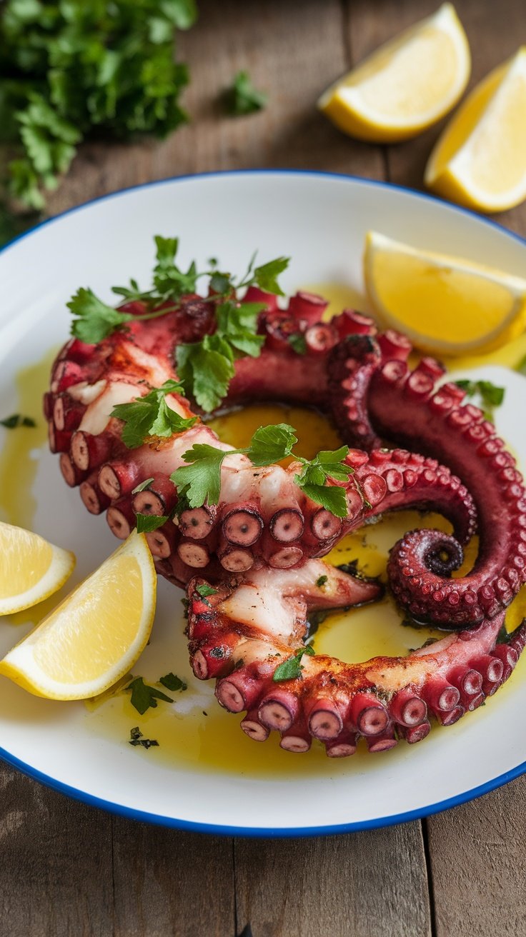 Griddled octopus with lemon and olive oil dressing, garnished with parsley and lemon wedges on a rustic table.