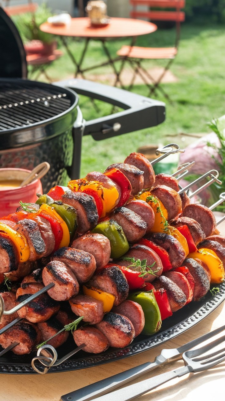 Grilled sausage and pepper skewers with colorful vegetables on a platter, garnished with herbs.