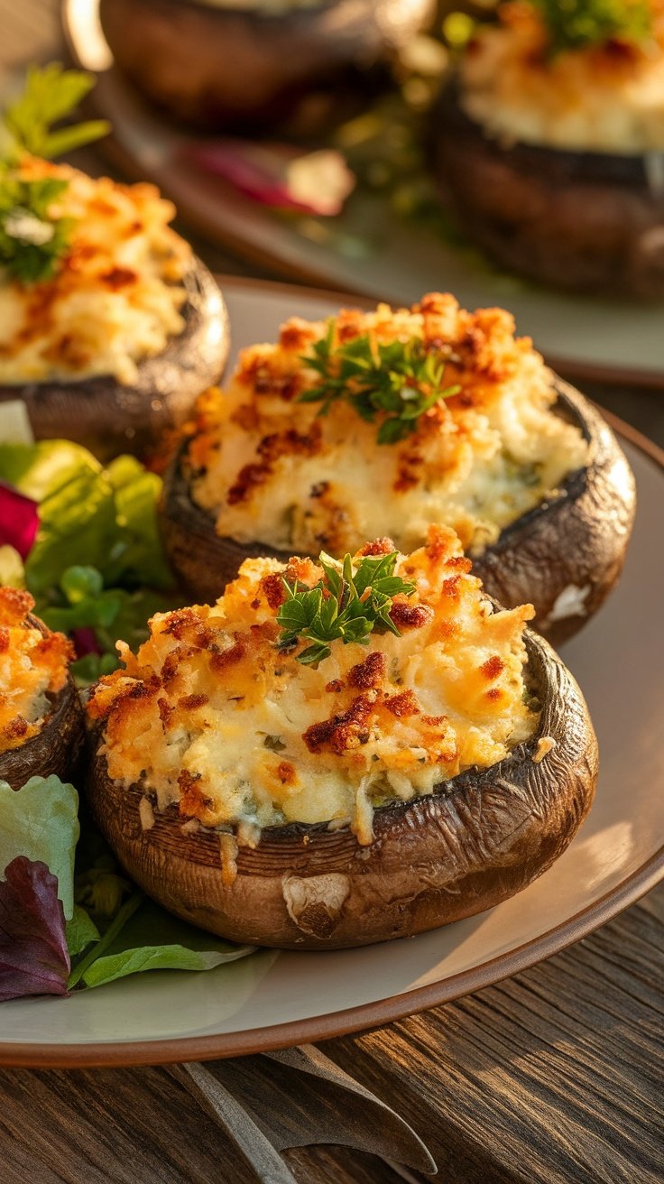 Stuffed grilled portobello mushrooms filled with cheese and herbs, garnished with parsley on a wooden table.