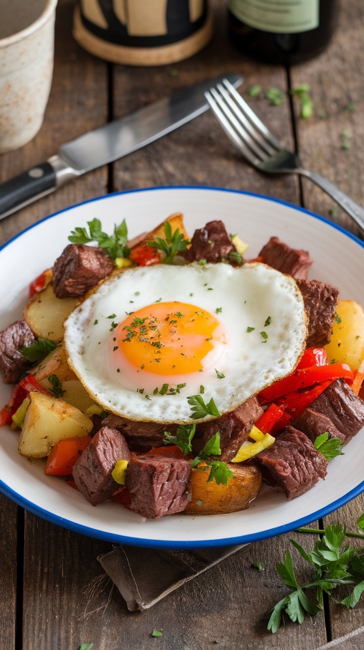 Savory venison breakfast hash with potatoes, bell peppers, and fried egg on a rustic table.