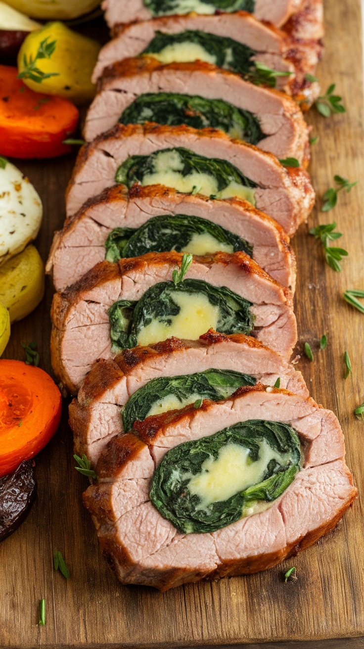 Sliced stuffed pork tenderloin revealing spinach and cheese filling, served with roasted vegetables.