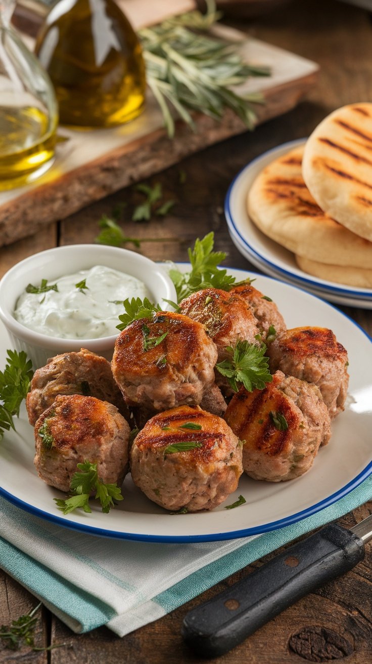 Golden brown Greek-style lamb meatballs served with tzatziki and pita on a rustic table.