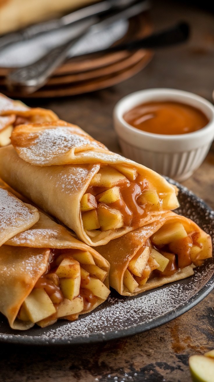 Delicious griddle-fried apple pie wraps on a plate, dusted with powdered sugar and served with caramel sauce.