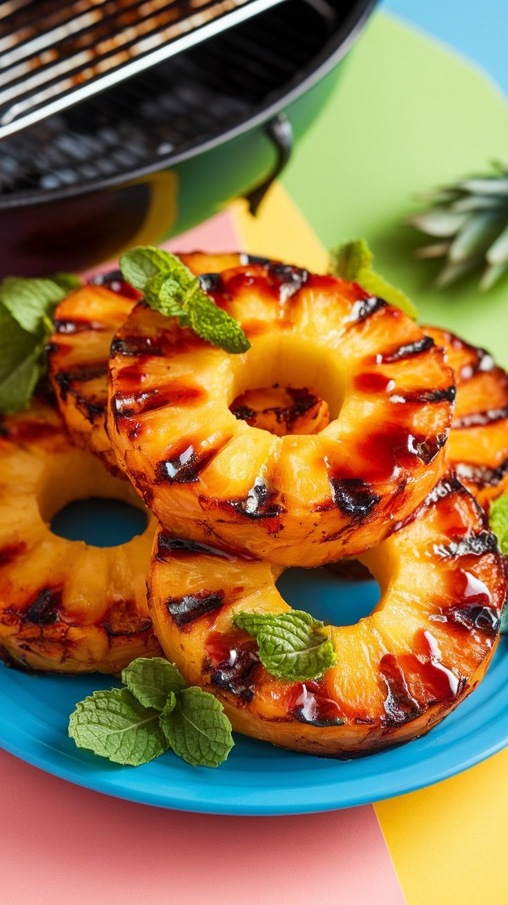 Grilled pineapple rings with caramelized edges, garnished with mint, on a colorful summer table.