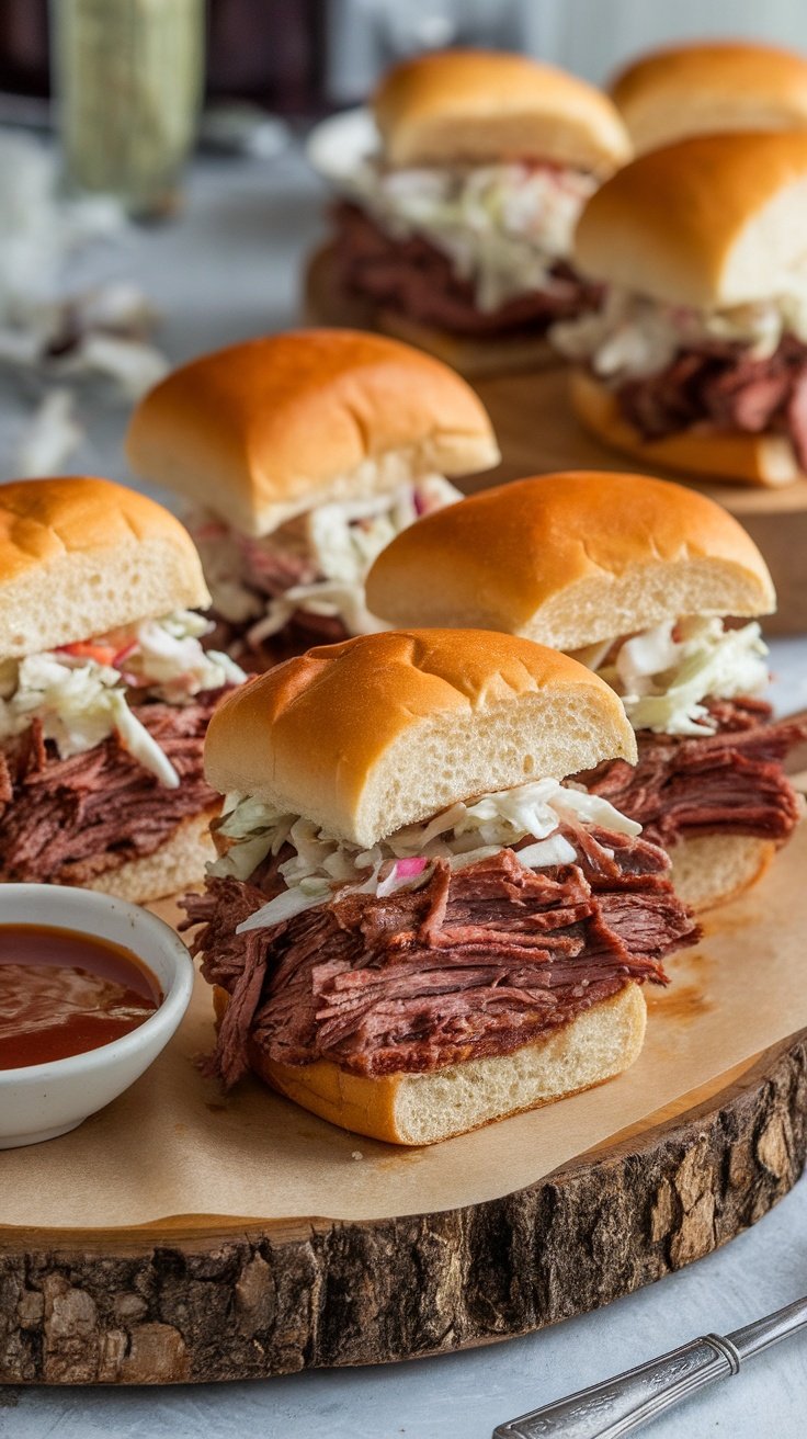 Savory beef brisket sliders topped with coleslaw on a wooden board with barbecue sauce.