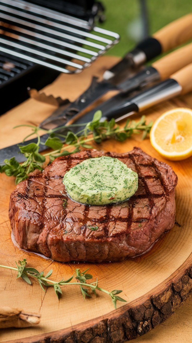 Grilled elk steak on a wooden board with herb butter, garnished with fresh herbs and lemon.