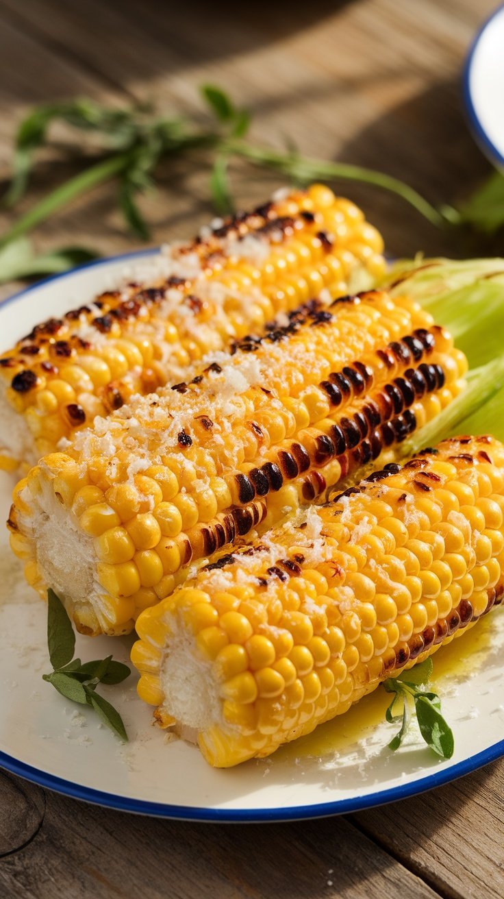 Crispy grilled corn on the cob with golden kernels and sprinkled with Parmesan cheese on a rustic table.