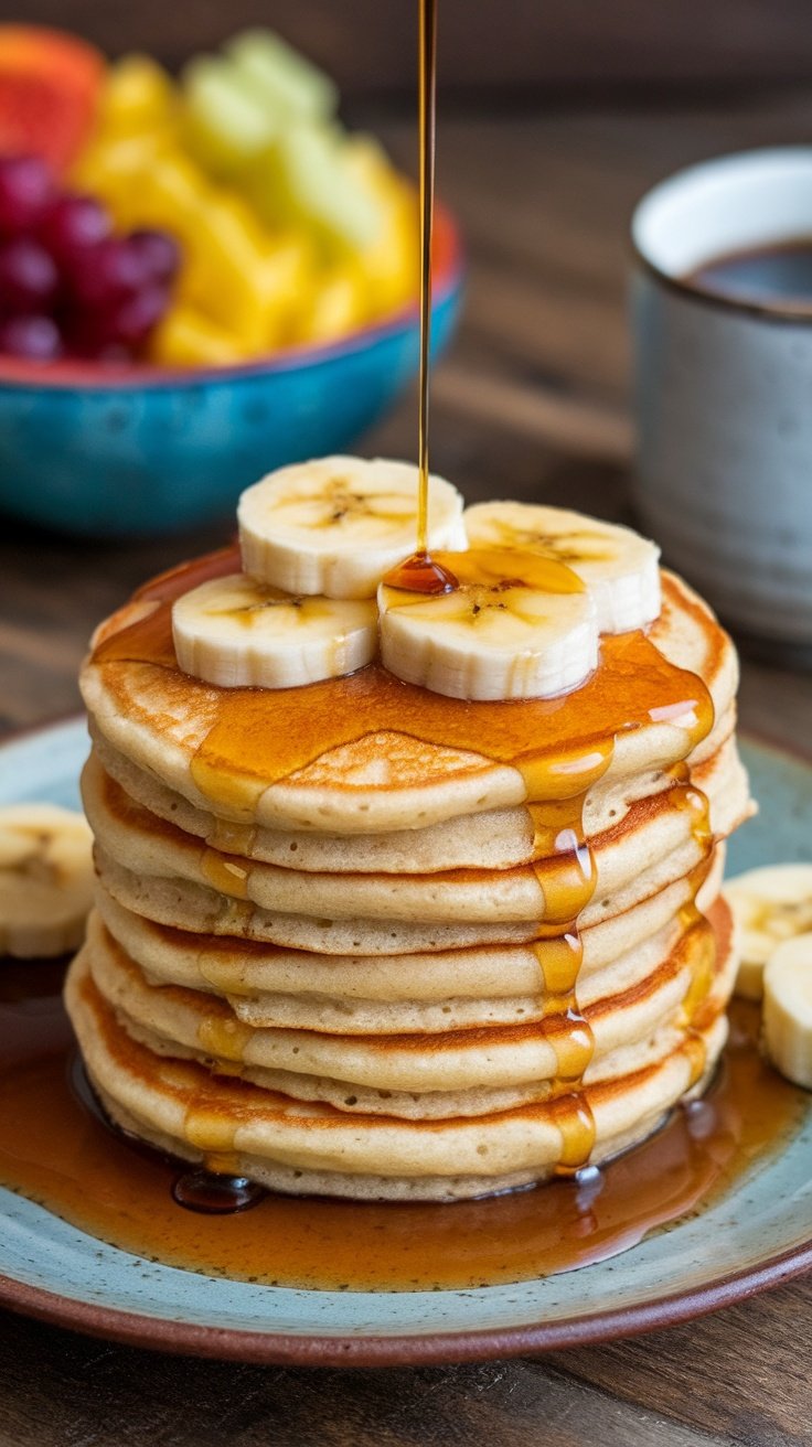 Fluffy pancakes topped with caramelized bananas and maple syrup, featured on a rustic plate with a fruit bowl in the background.