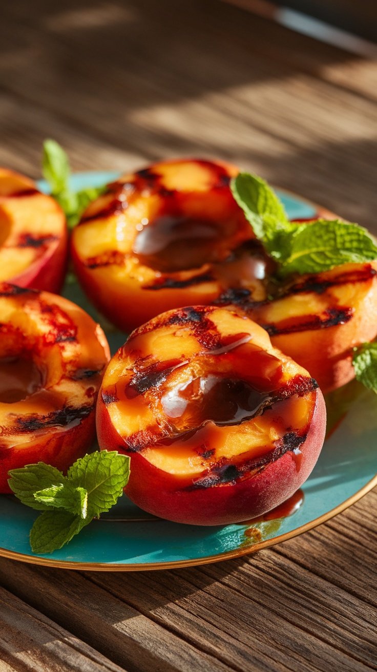 Griddled peaches with brown sugar butter on a rustic plate garnished with mint, set on a wooden table.