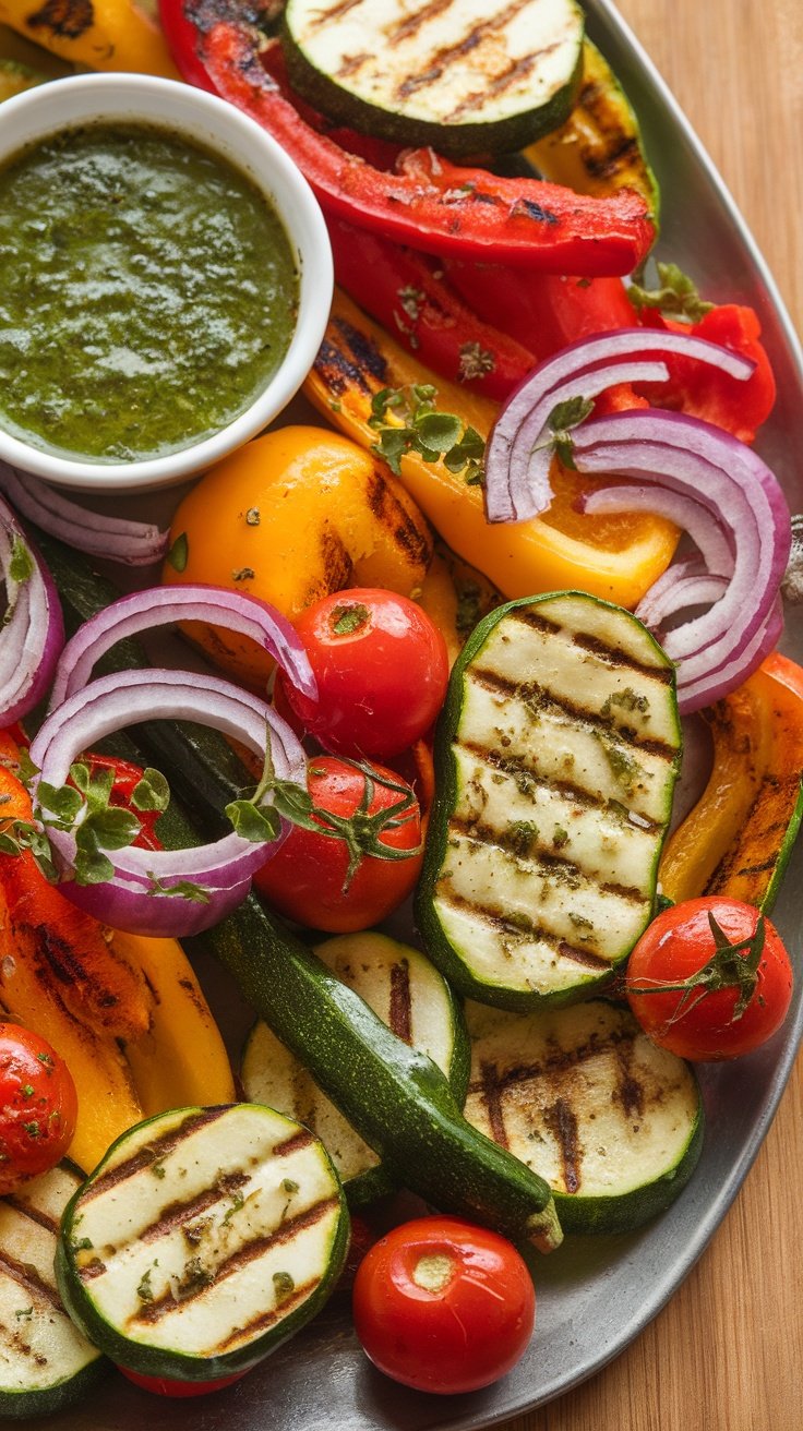 A colorful platter of grilled vegetables including zucchini, bell peppers, cherry tomatoes, and red onion with a small bowl of chimichurri sauce.