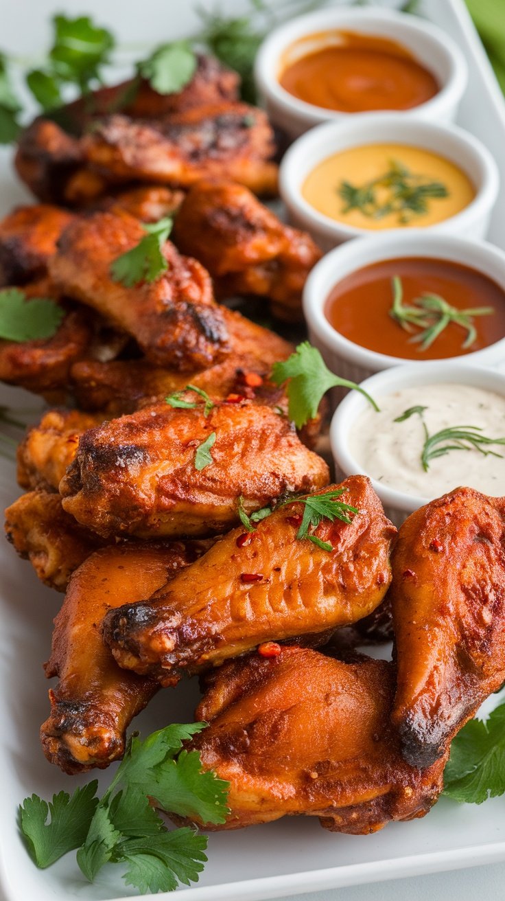 A platter of spicy grilled chicken wings with various dipping sauces