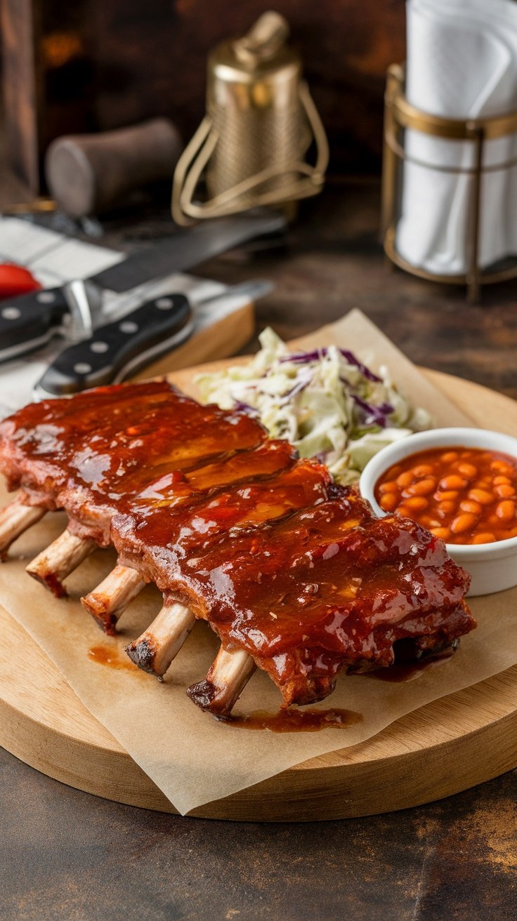 Delicious BBQ ribs with homemade sauce on a wooden platter, accompanied by coleslaw and baked beans.