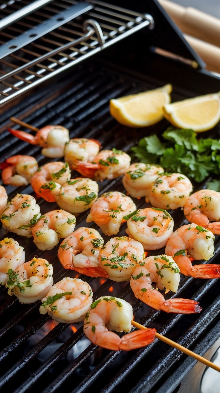 Grilled shrimp skewers with lemon and herbs on a grill