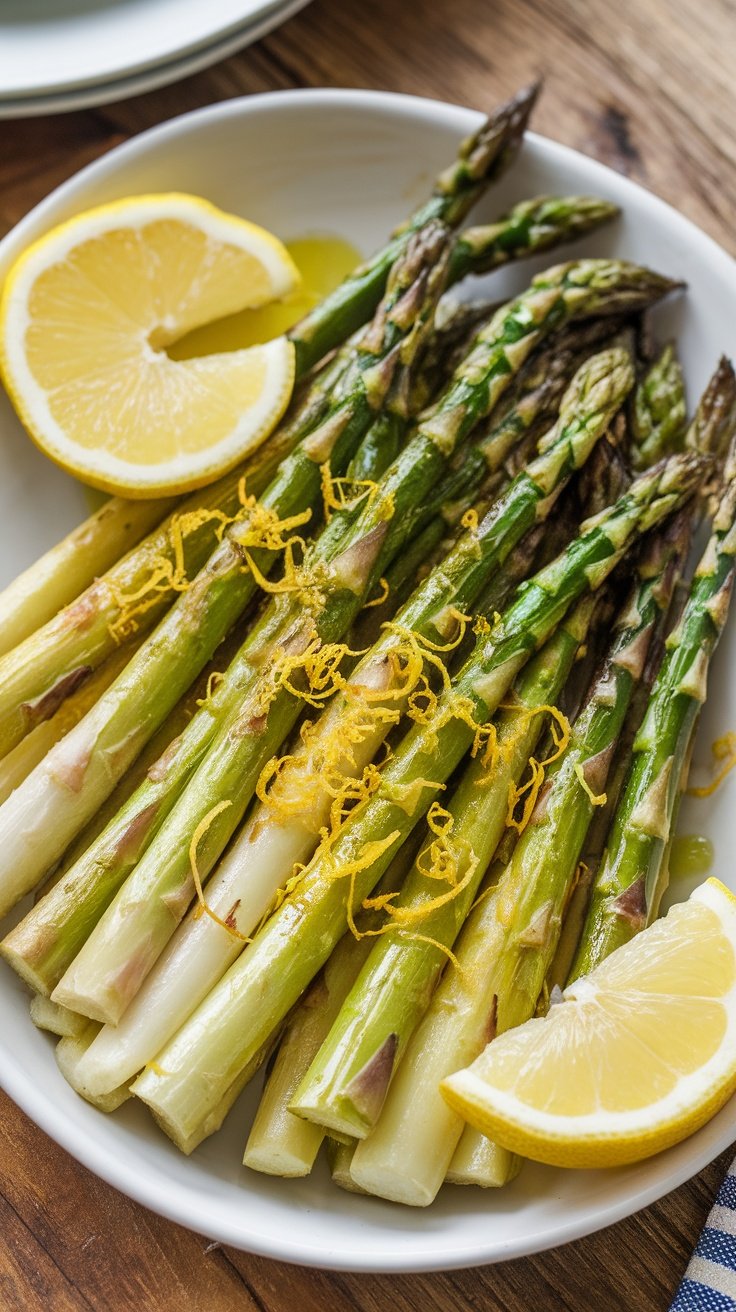 Roasted asparagus with lemon zest on a wooden table.