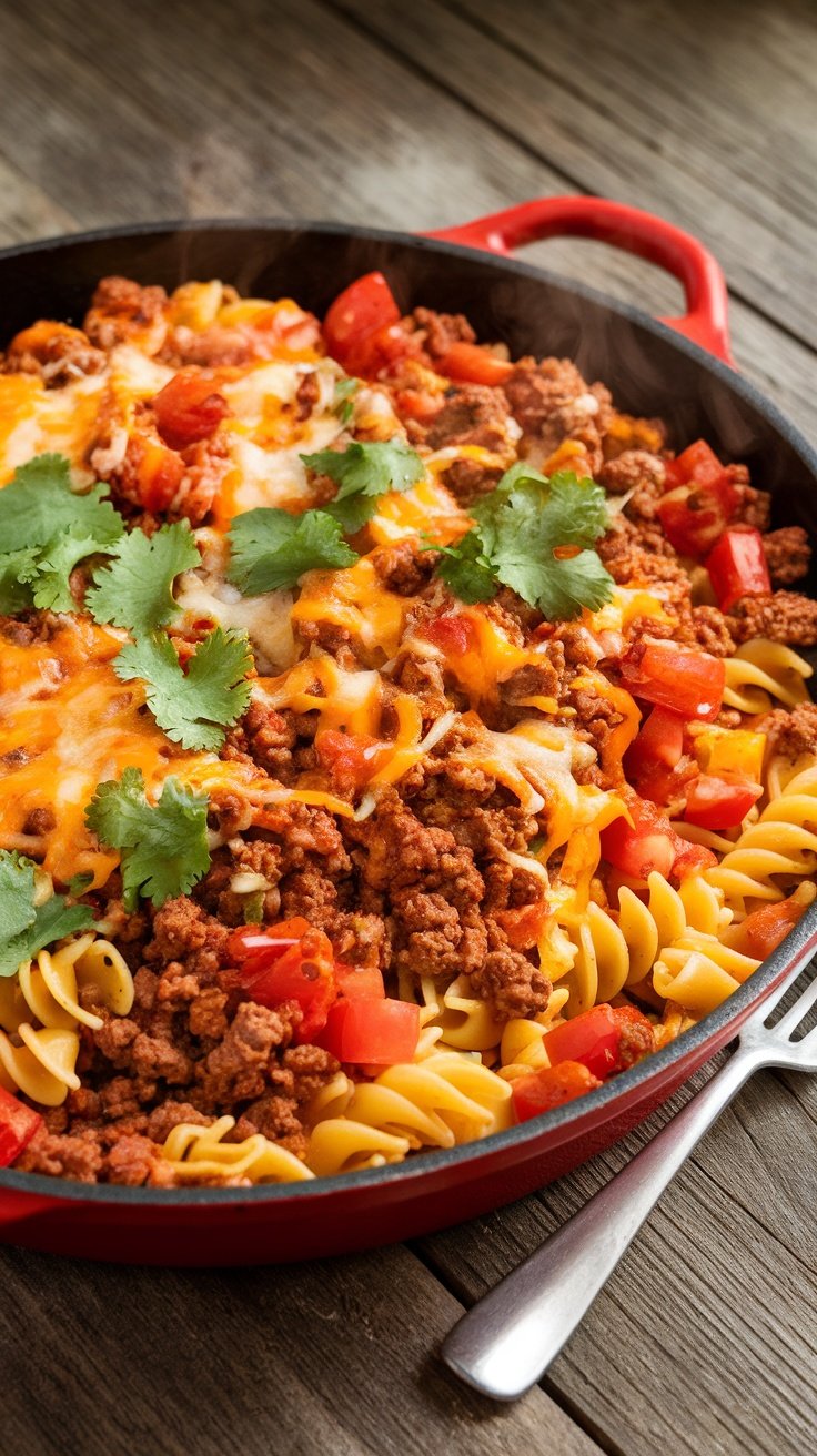 Spicy Taco Pasta Skillet Recipe A delicious taco pasta skillet with ground beef, tomatoes, and melted cheese, garnished with cilantro on a wooden table.