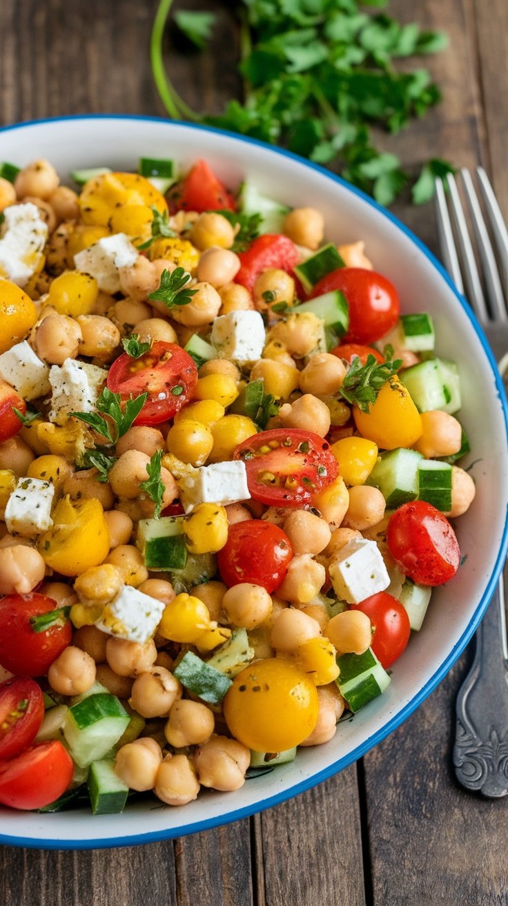 A bowl of chickpea salad with tomatoes, cucumbers, feta cheese, and parsley on a wooden table.