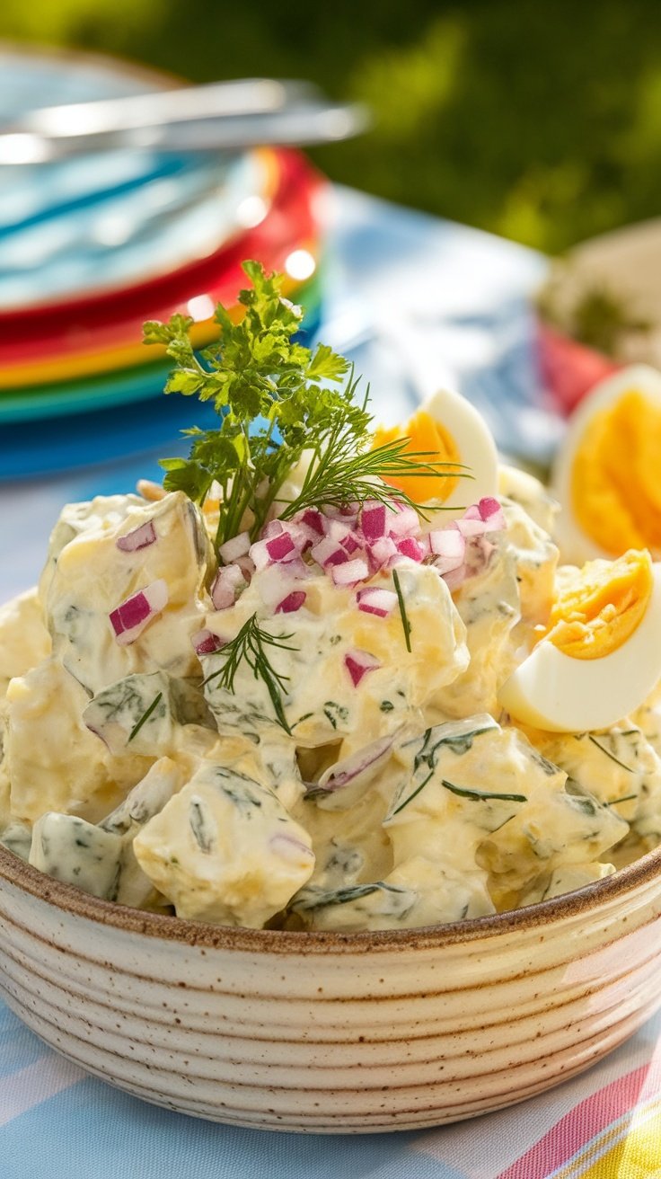 A serving of creamy potato salad with fresh herbs, garnished with diced red onion and hard-boiled eggs, in a rustic bowl.