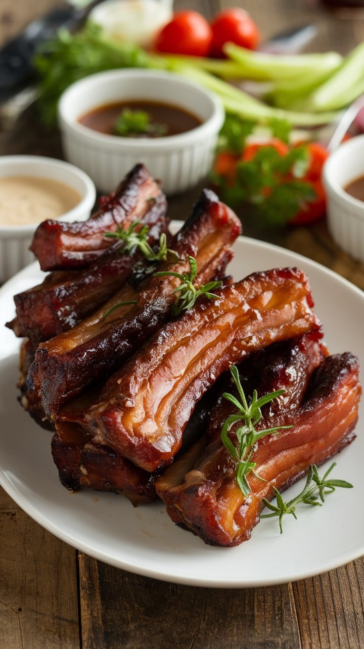 Smoked lamb belly burnt ends on a plate with barbecue glaze and herbs, served with dipping sauces.