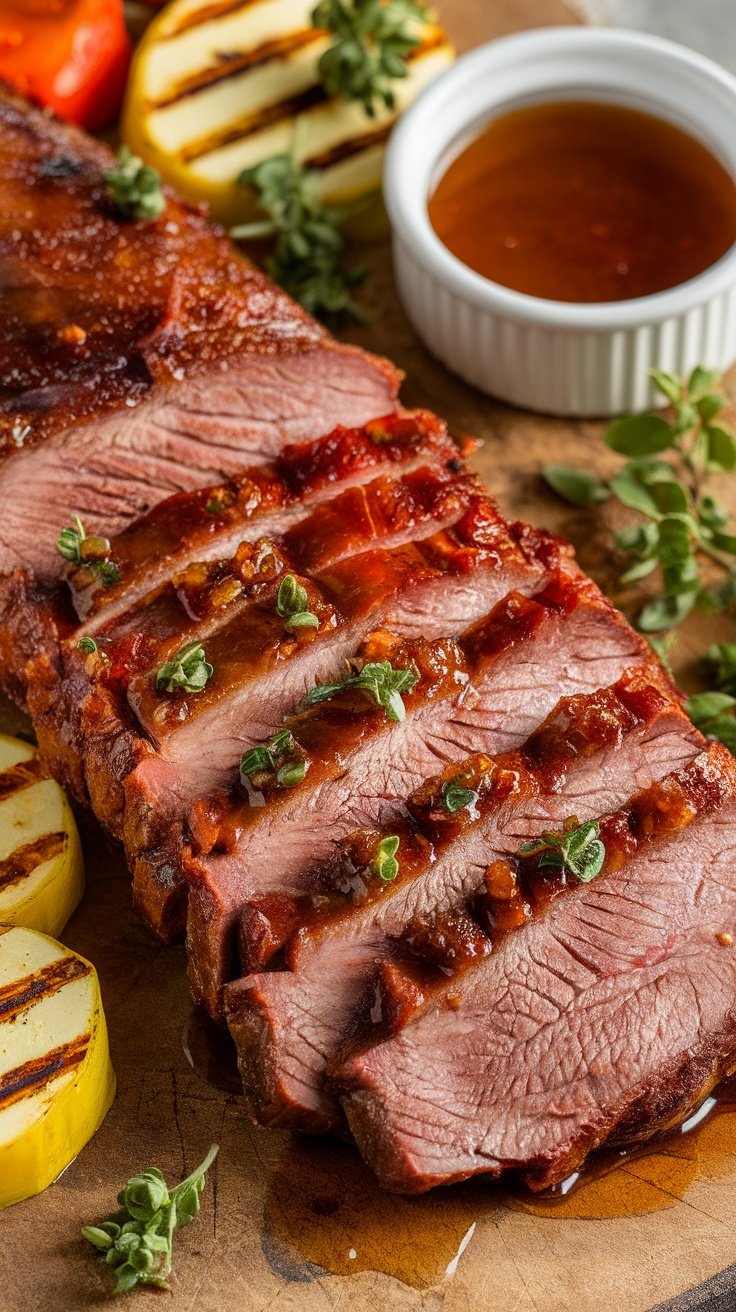 Smoked venison backstrap sliced and glazed with bourbon, served on a wooden board with grilled vegetables.