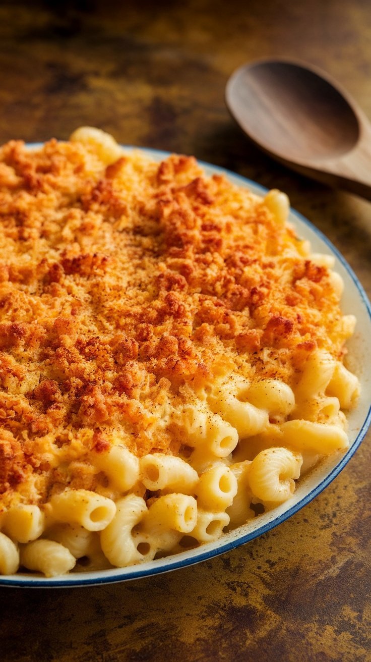 Baked macaroni and cheese with a crispy topping in a casserole dish on a wooden table.