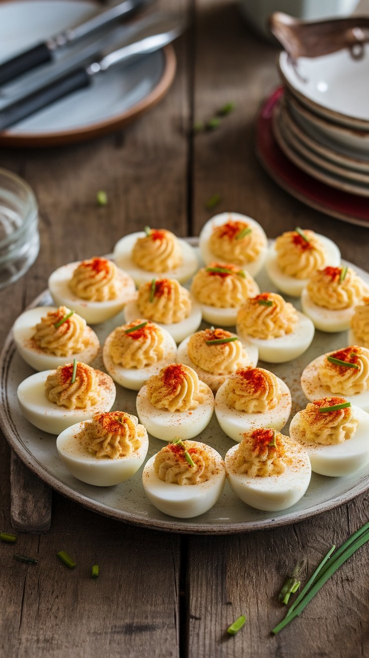 A serving platter filled with spicy paprika deviled eggs, garnished with chives on a wooden table.