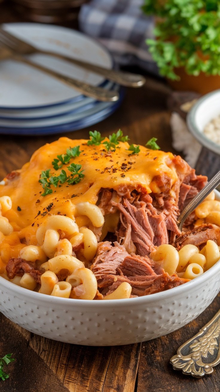 BBQ pulled pork and smoked gouda mac & cheese served in a bowl, garnished with parsley, on a rustic wooden table.