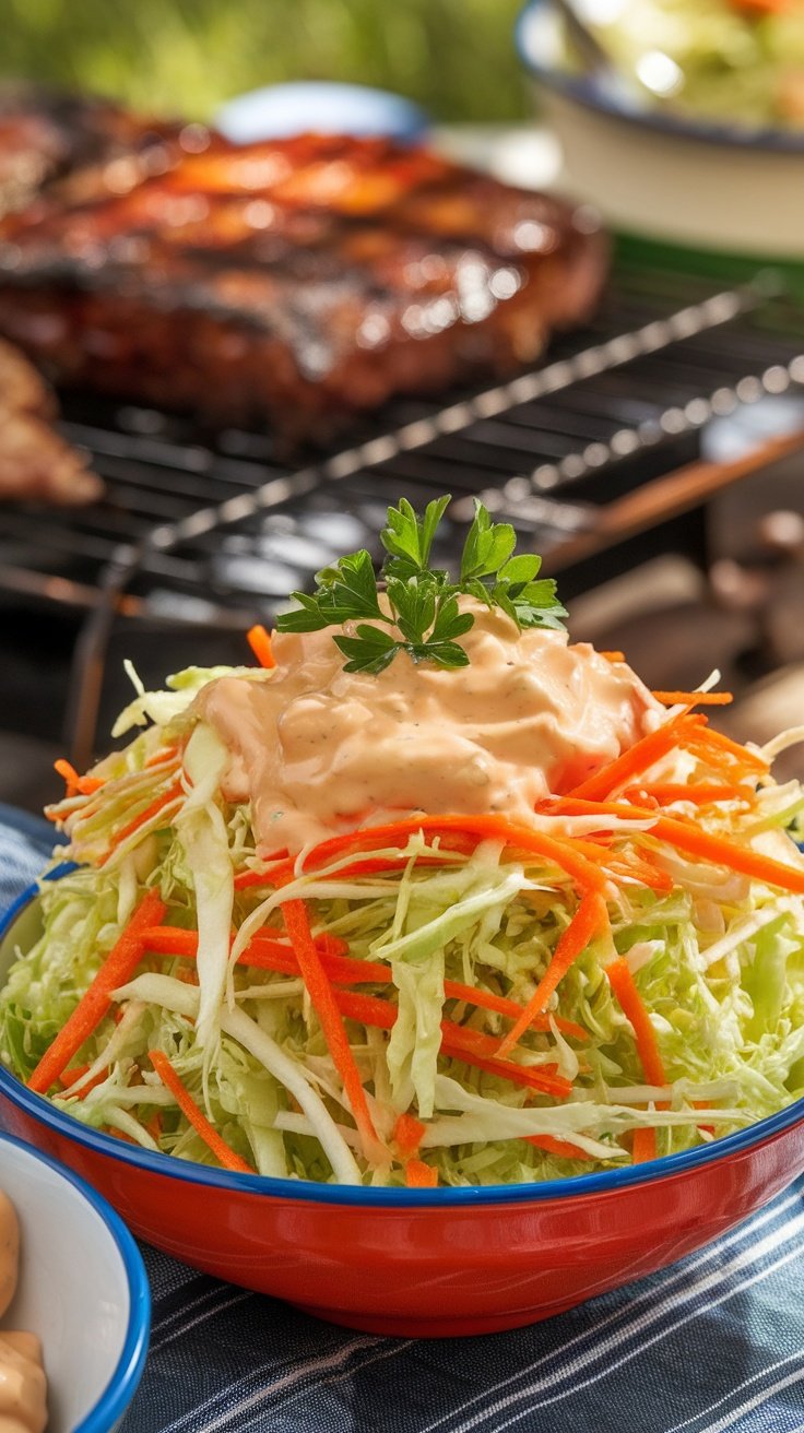 A vibrant bowl of sweet and tangy coleslaw with cabbage and carrots, garnished with parsley, set in a picnic scene.