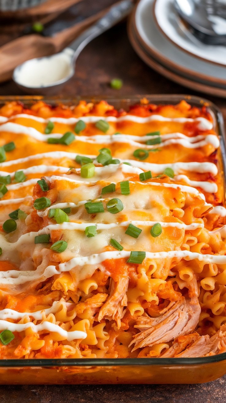 Buffalo Chicken Pasta Bake with cheese and ranch dressing, garnished with green onions on a rustic table.