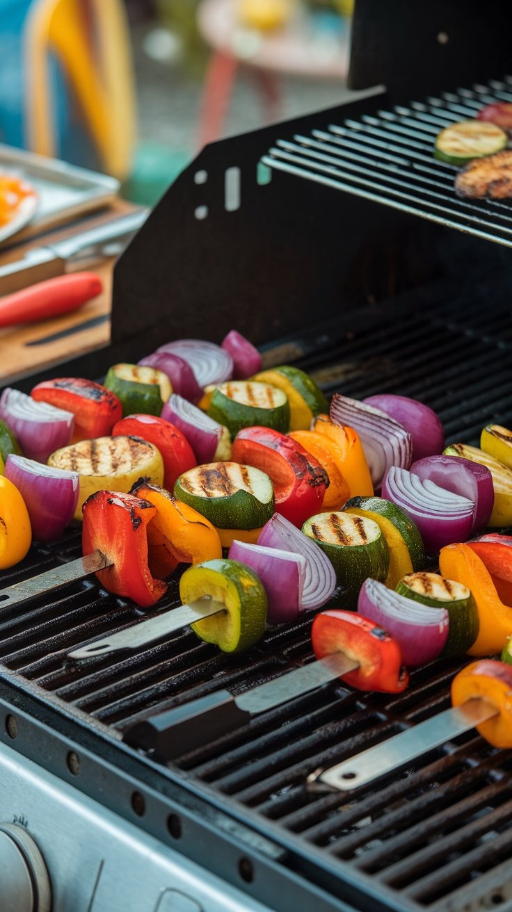 Grilled vegetable skewers on a barbecue grill, featuring colorful bell peppers, zucchini, and red onions.