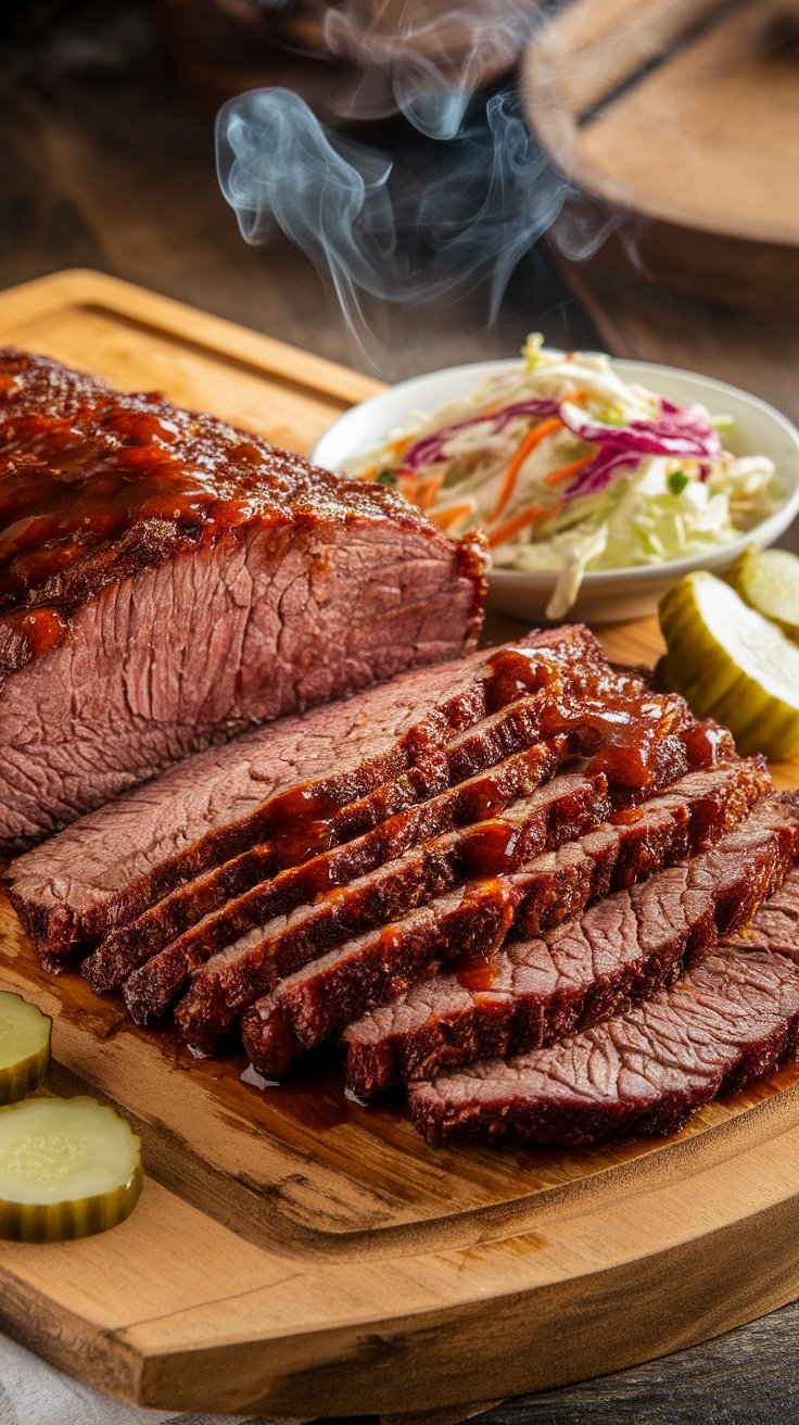 Smoky Barbeque Beef Brisket Recipe Sliced barbeque beef brisket with sauce, served with coleslaw and pickles on a wooden board.